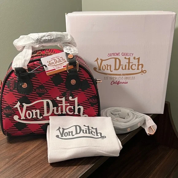 Von Dutch Red and Black Plaid Mini Dome Bag - Picture 3 of 7